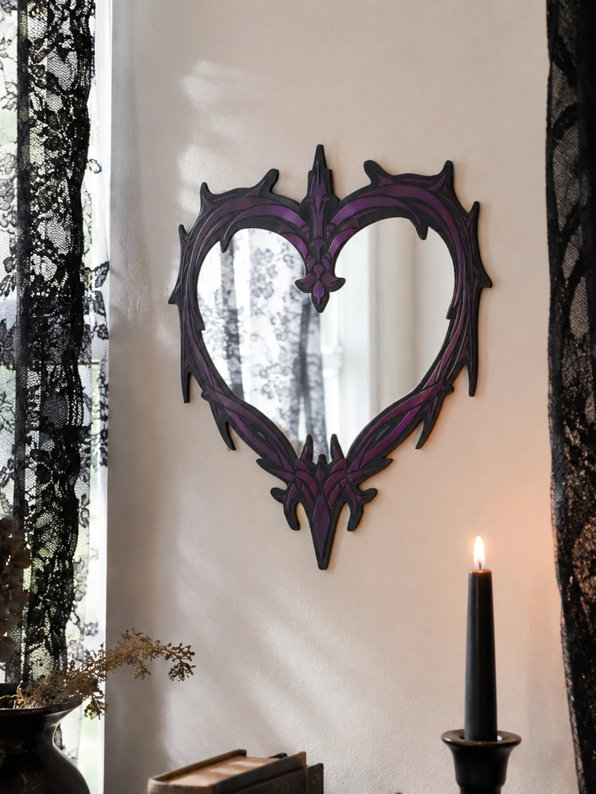Purple Gothic Barbed Wire Heart Wall Mirror Witchy