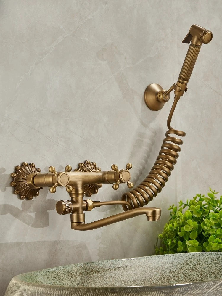 Brass Antique Wall Mounted Washbasin Faucets Double Handle