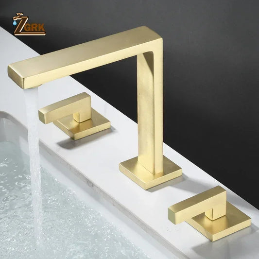 Brushed Gold Basin Faucet Solid Brass Three Hole