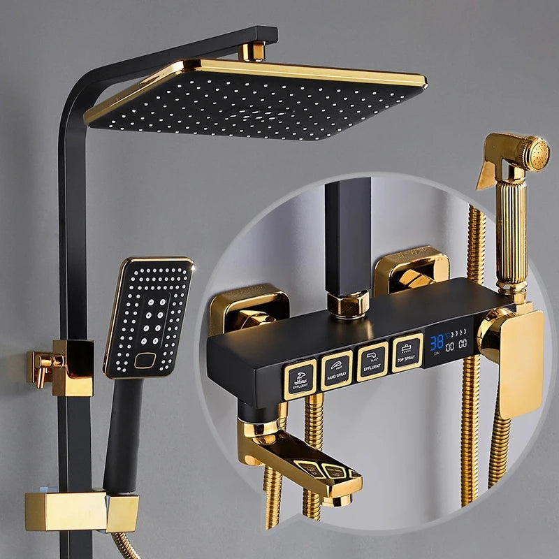 Luxury Thermostatic Bathroom Shower System White Gold Brass