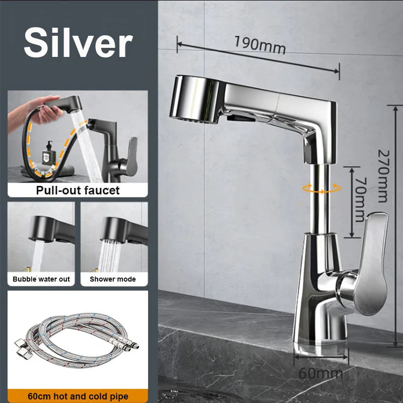Dual-Function Pull-Down Bathroom Sink Faucet Adjustable Height