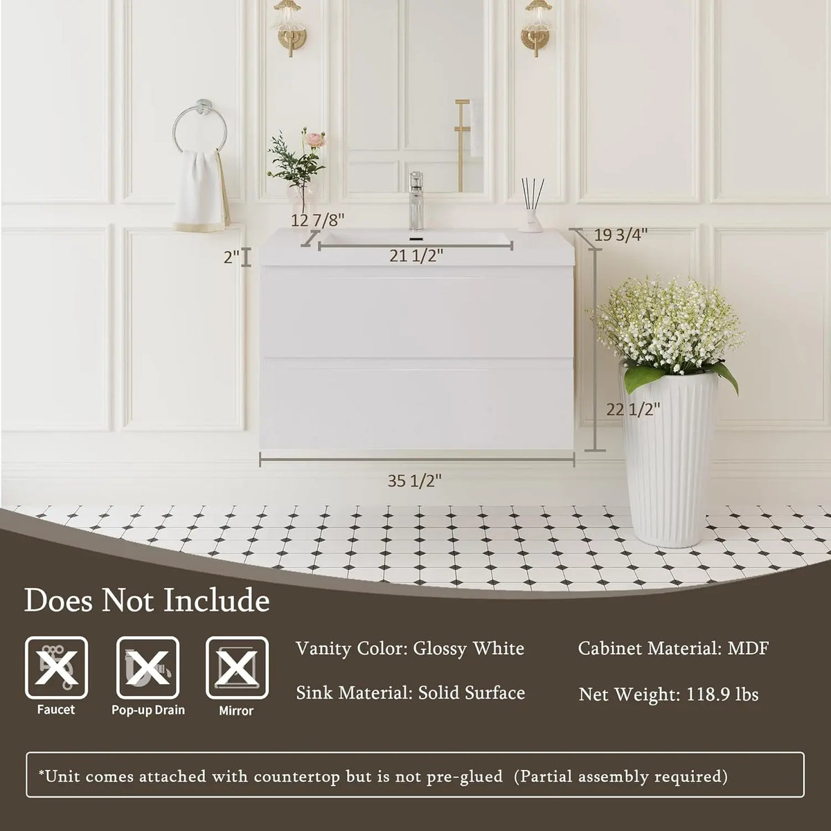 36 Inch Floating Bathroom Vanity Sink Large Storage