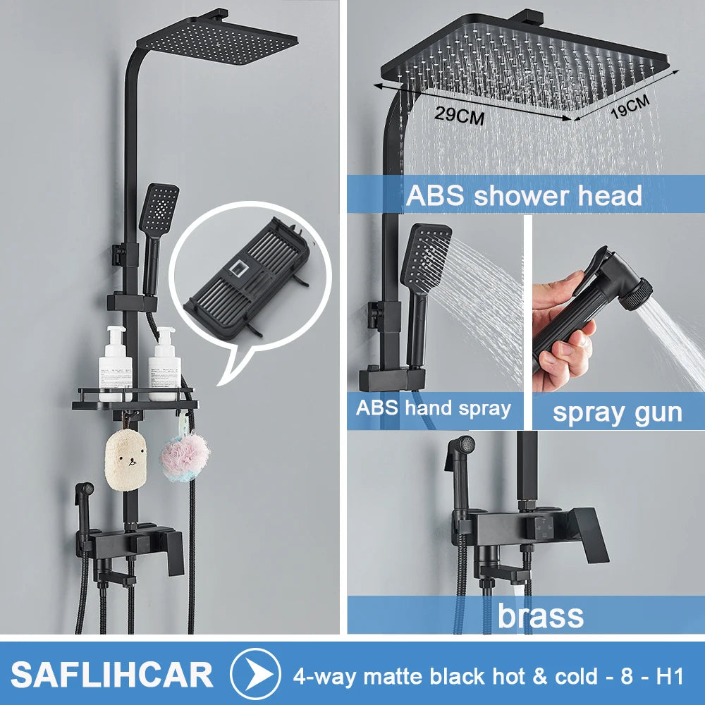 Black/Chrome Brass Shower Faucets Rainfall Shower Shelf Cold