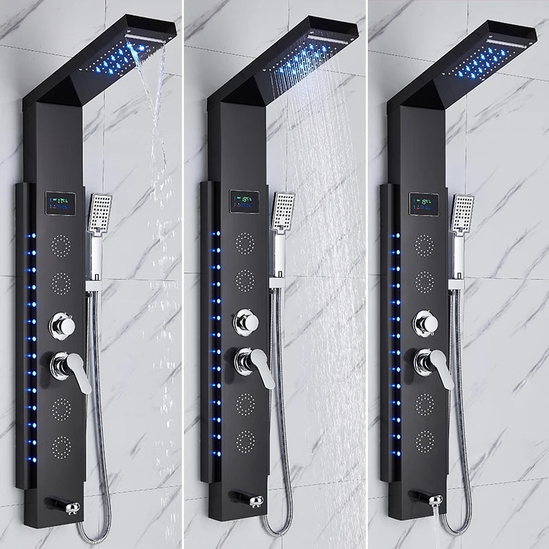 Black Wall-Mounted Shower Panel Shower Column Waterfall Nozzle