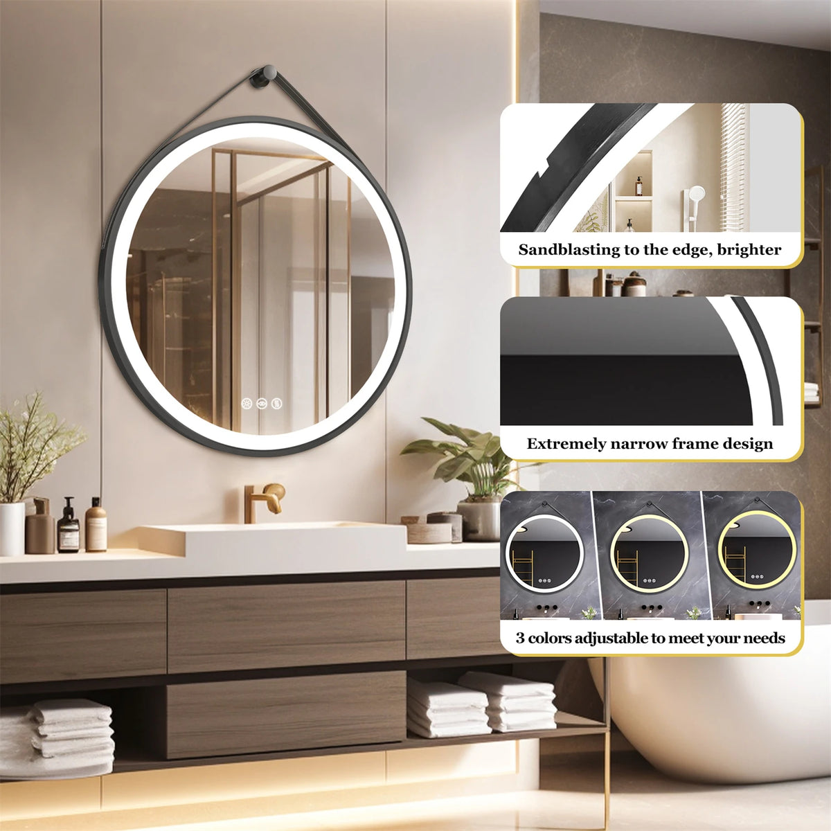 60/70/80cm Round Led Bathroom Mirror Wall Hanging Frontlit