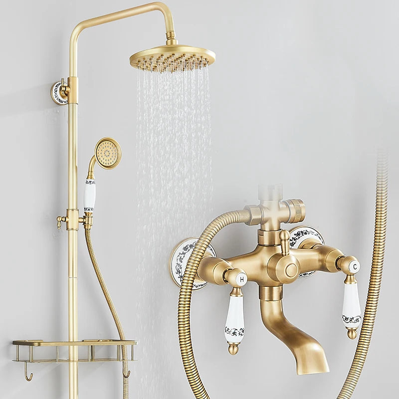 Antique Brass Wall Mounted Bathtub Shower Faucet Dual