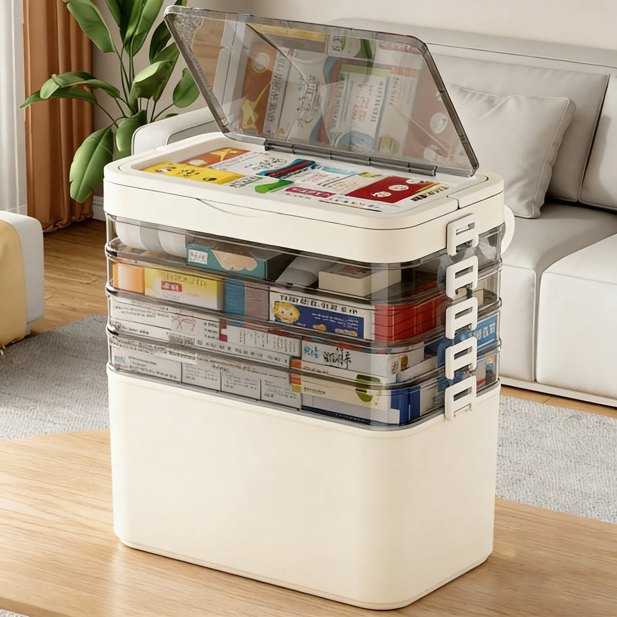 Multi-Layered Milk Tea-Colored Medicine Storage Box - Equipped