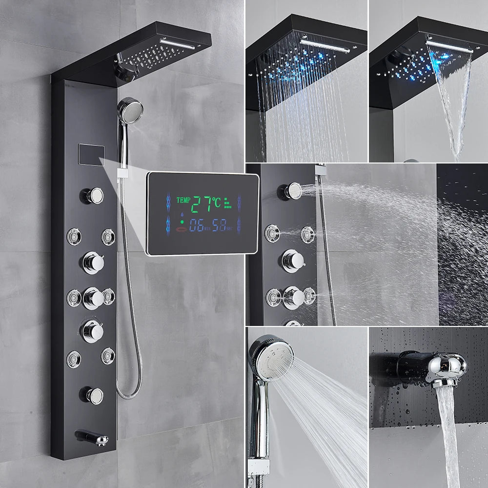Golden Black Shower Panel Wall Rain Waterfall Shower