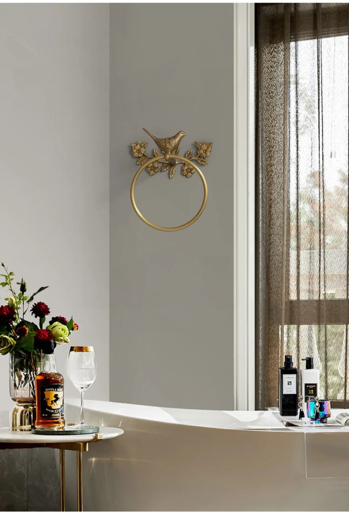 Retro Brass Bird Towel Ring Storage Rack Perforation-Free