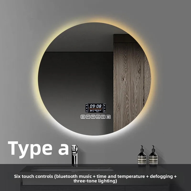 Round Smart Bathroom Mirror Wall-Mounted Led Light Touch