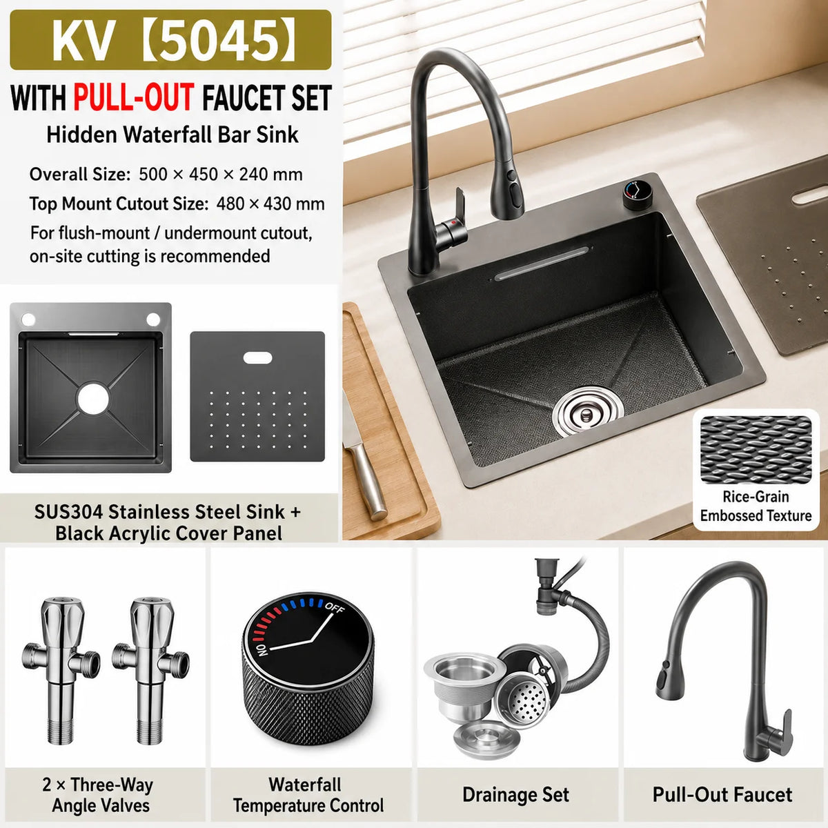 Modern Luxury Waterfall Sink Sus304 Stainless Steel Hidden