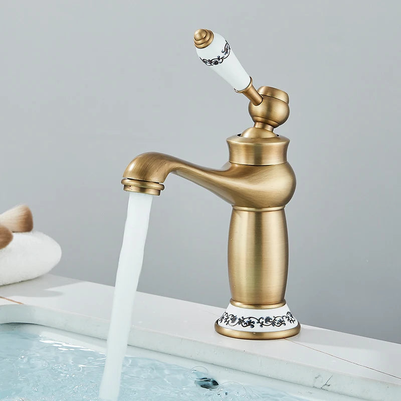 Luxurious Antique Bathroom Basin Faucet Brass Deck Mounted