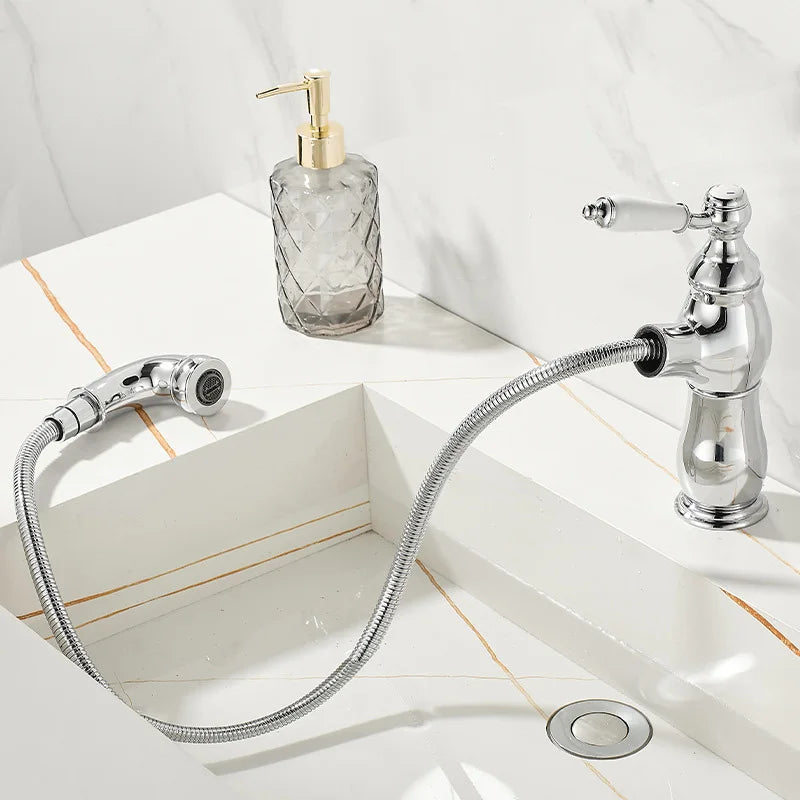 Gold Bathroom Ceramic Handle Basin Faucets Pull Out