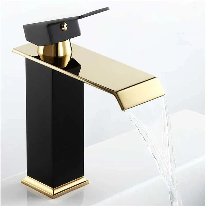 Basin Faucet Gold Black Waterfall Faucet Brass Bathroom
