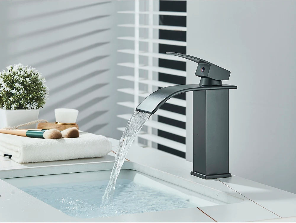 Brushed Golden Basin Faucets Elegant Waterfall Bathroom Sink