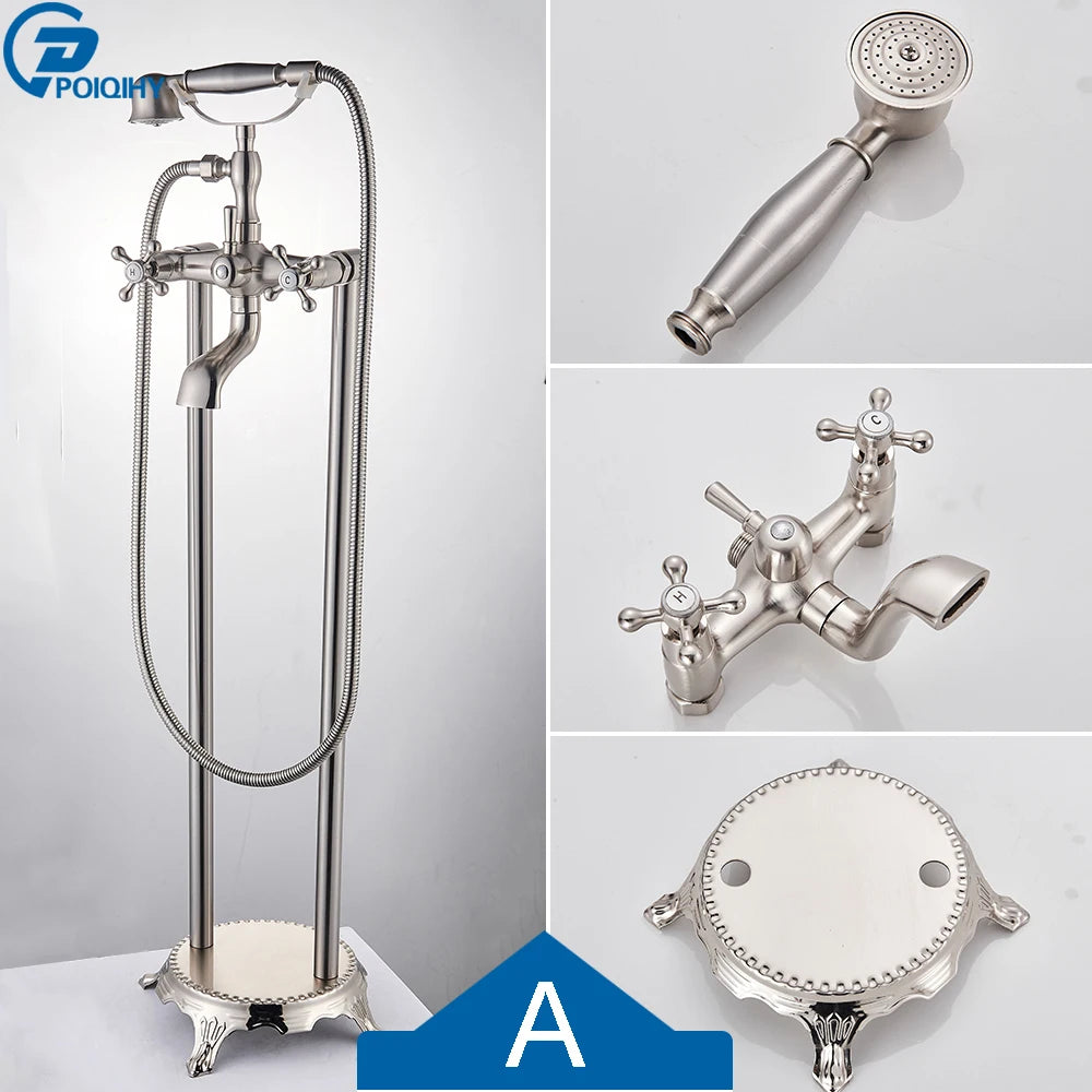 Antique Brass Floor Mounted Bathtub Shower Faucet Dual