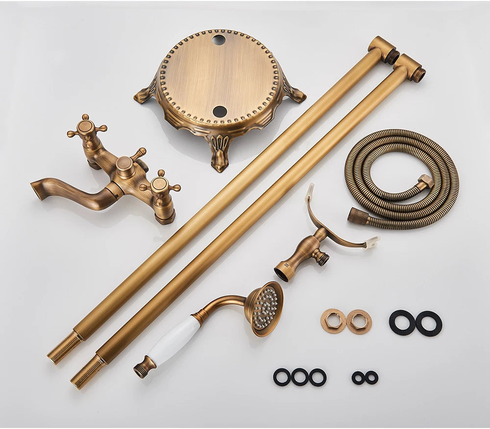 Antique Brass Floor Mounted Bathtub Shower Faucet Dual