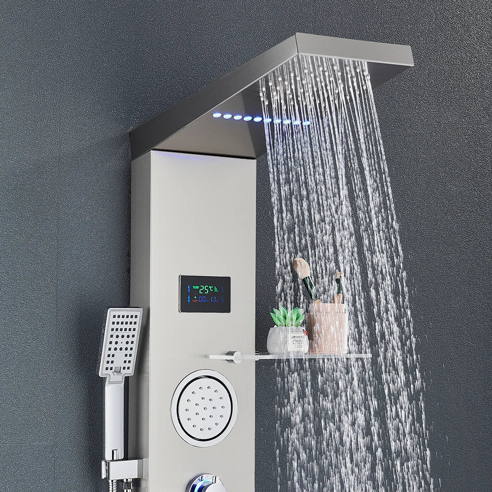 Brushed Nickel Bathroom Led Rainfall Shower Faucet Digital