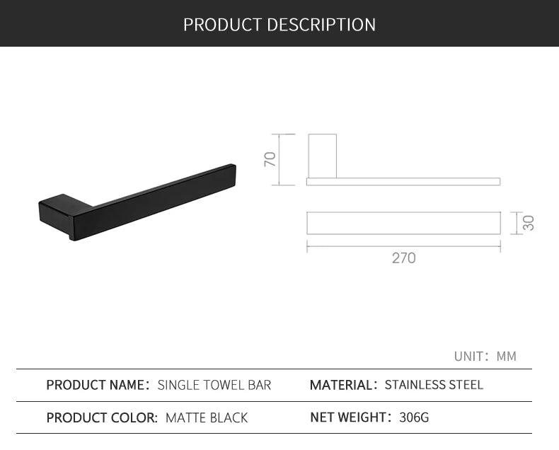 Matte Black Bathroom Hardware Towel Rack Shelf Hook