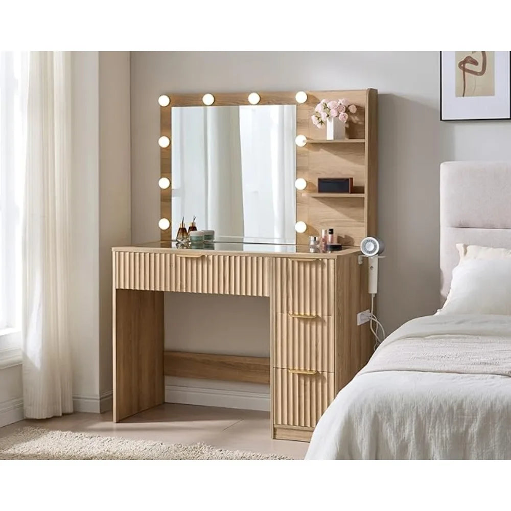 Fluted Vanity Desk Mirror Adjustable Led Lights Large