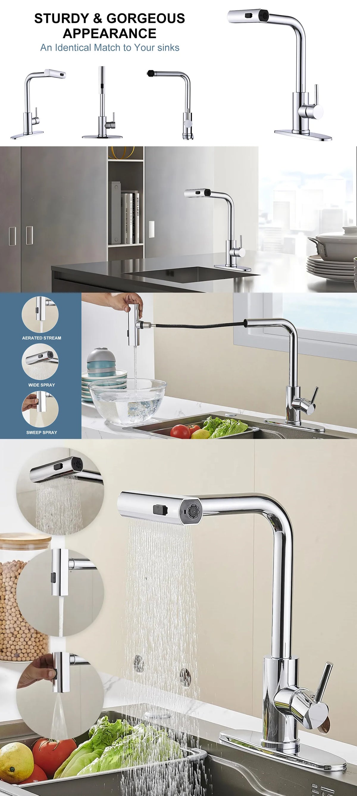 Touch Waterfall Faucet Brushed Gold Cold Pull Out