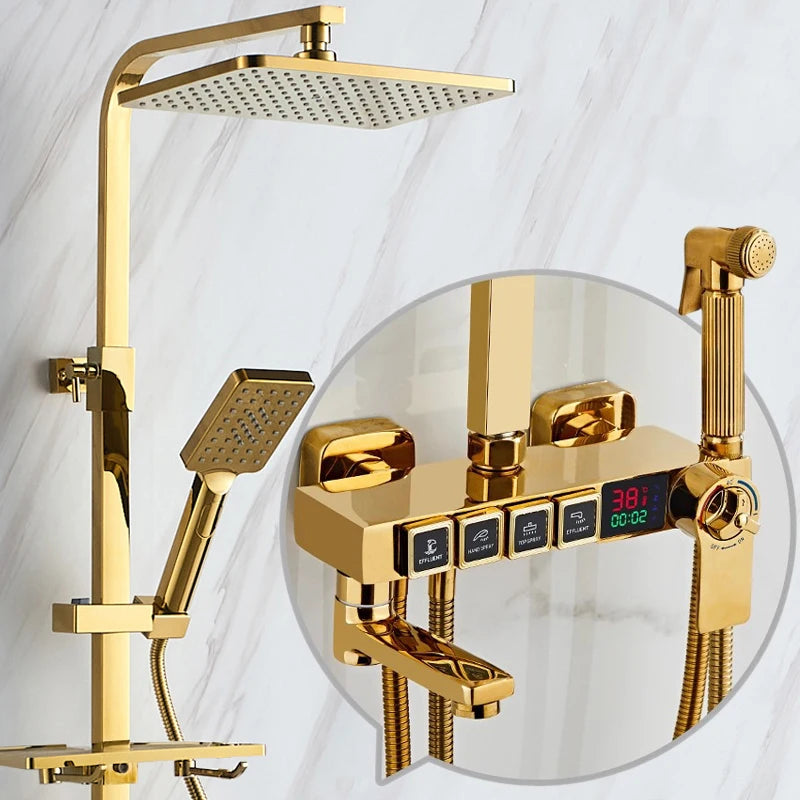 Luxury Thermostatic Bathroom Shower System White Gold Brass