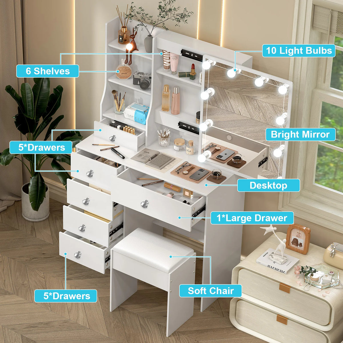 White Dressing Table Vanity Sliding Mirror Frame 3-Color