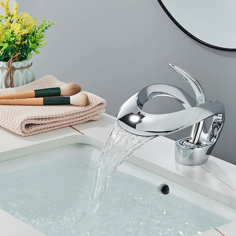 Black Bathroom Basin Taps Handle Waterfall Faucet Solid