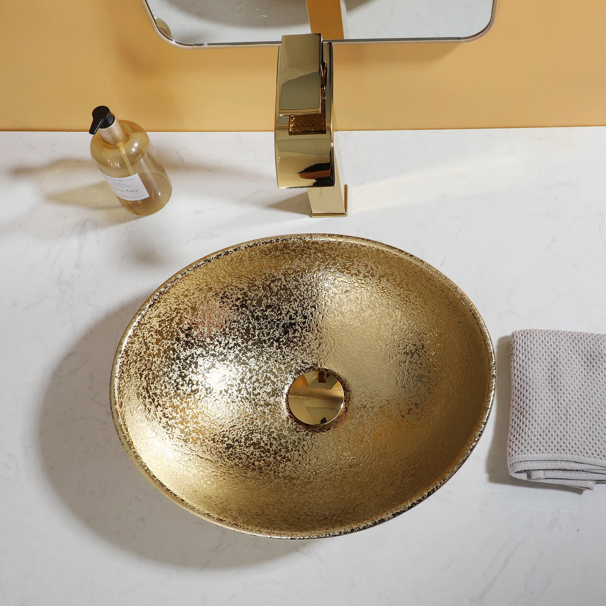 Kemaidi Oval Vessel Sink Faucet White Marbling Bathroom