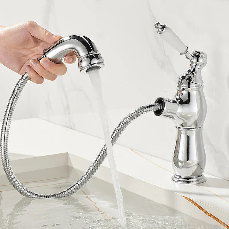 Gold Bathroom Ceramic Handle Basin Faucets Pull Out