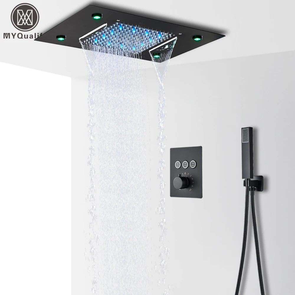 Black Led Thermostatic Bathroom Shower Faucet Rain Waterfall