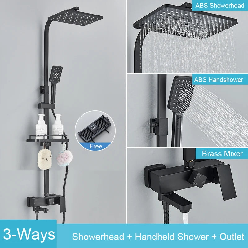 Black Brass Shower Faucet Rainfall Bathtub Tap Bathroom