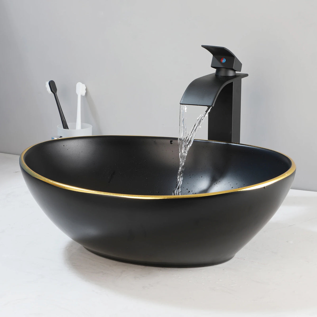 Kemaidi Oval Vessel Sink Faucet White Marbling Bathroom