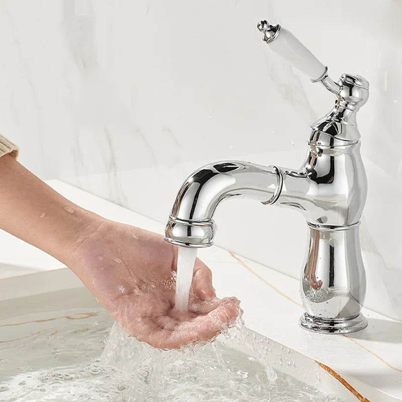 Gold Bathroom Ceramic Handle Basin Faucets Pull Out