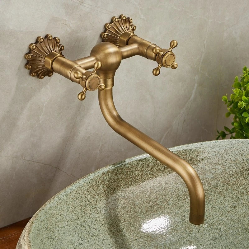 Brass Antique Wall Mounted Washbasin Faucets Double Handle