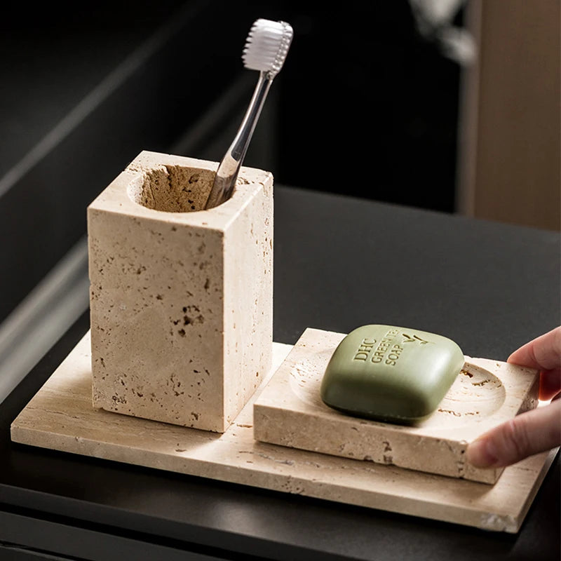 Beige Travertine Bathroom Natural Marble Soap Dispenser Reed
