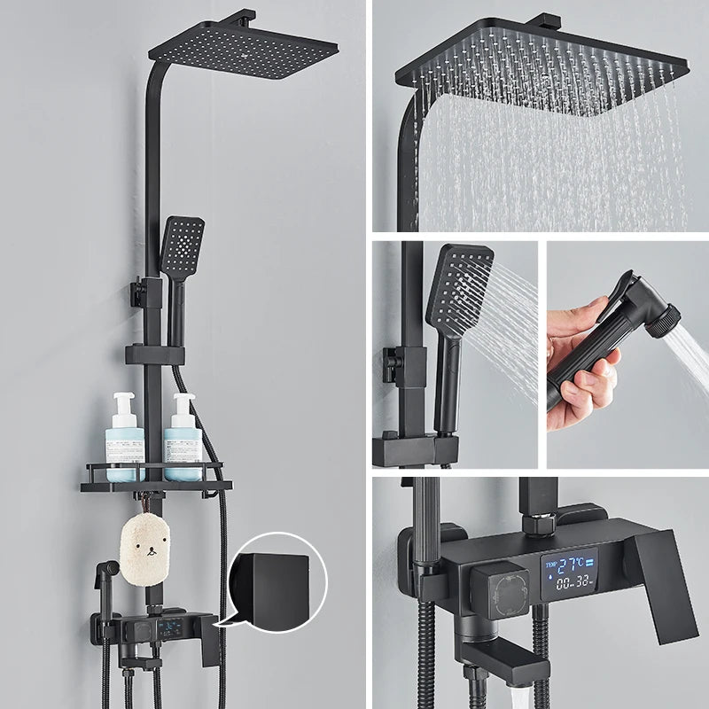 Black Digital Display Thermostatic Shower Faucets Rainfall Shower