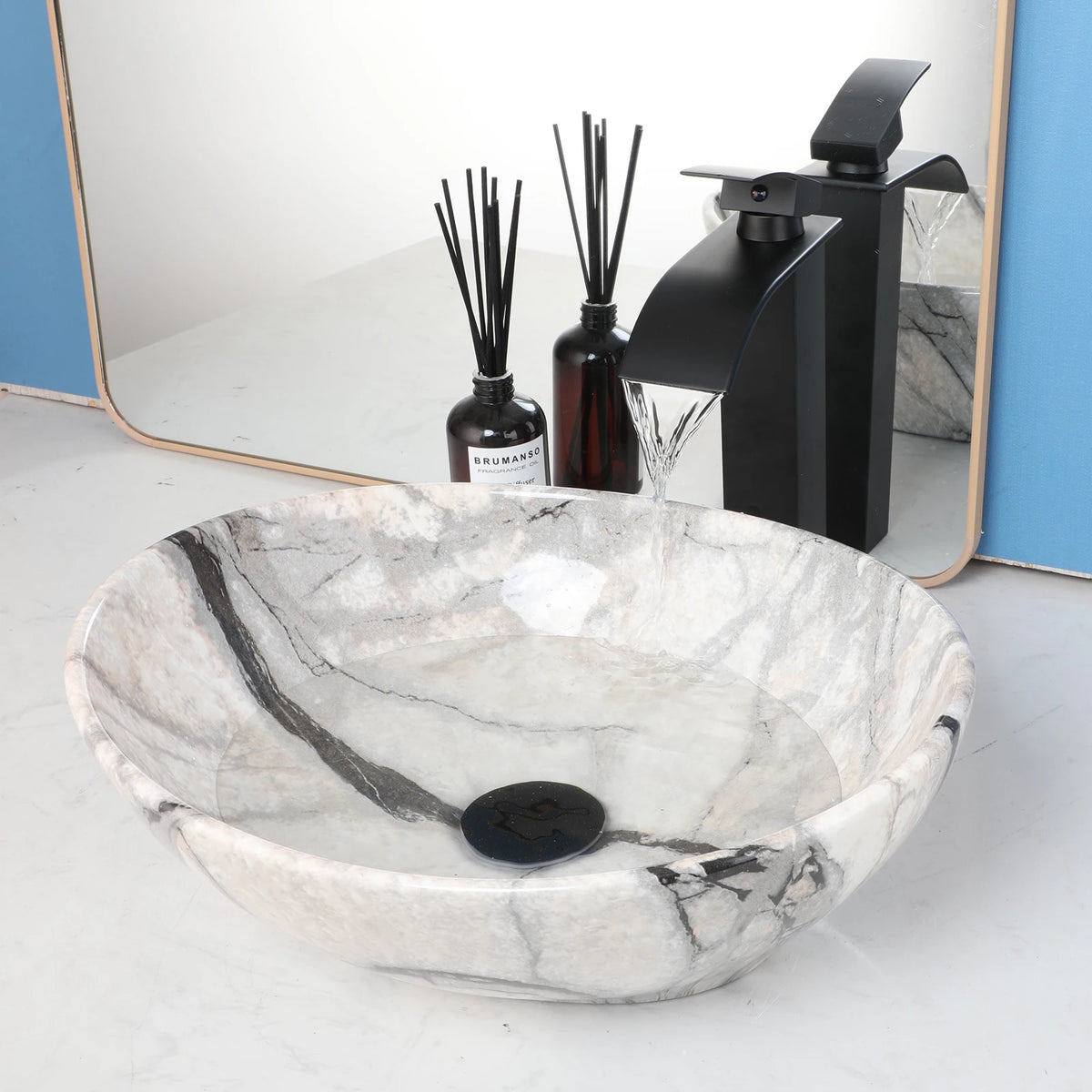 Kemaidi Oval Vessel Sink Faucet White Marbling Bathroom