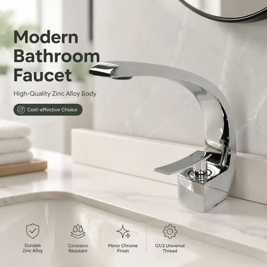 Mirror Bright Chrome Zinc Alloy Handle Basin Faucet