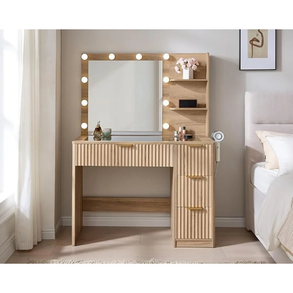 Fluted Vanity Desk Mirror Adjustable Led Lights Large