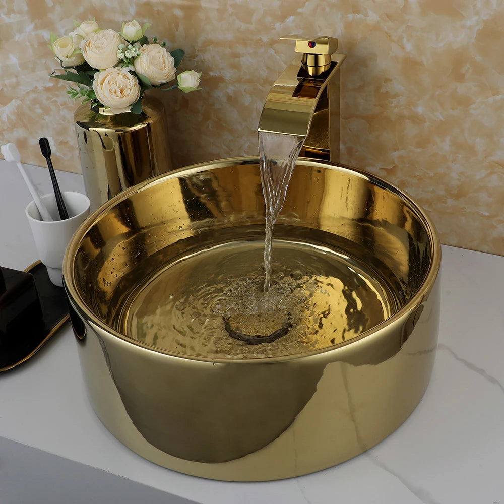 Kemaidi 14 Gold Round Vessel Sink Faucet Ceramic