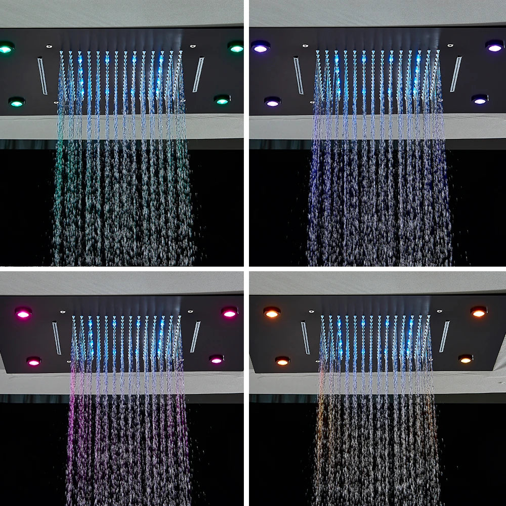Black Thermostatic Bathroom Shower Faucet Remote Led Rainfall