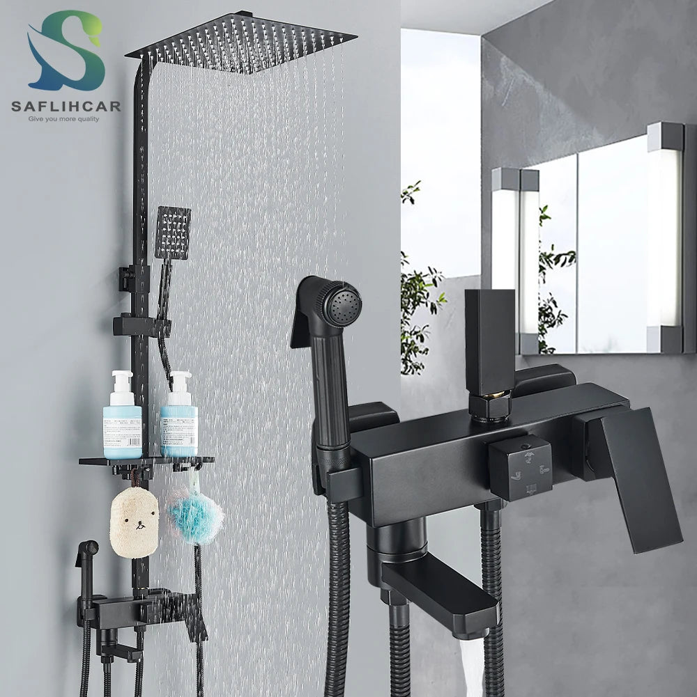 Black/Chrome Brass Shower Faucets Rainfall Shower Shelf Cold