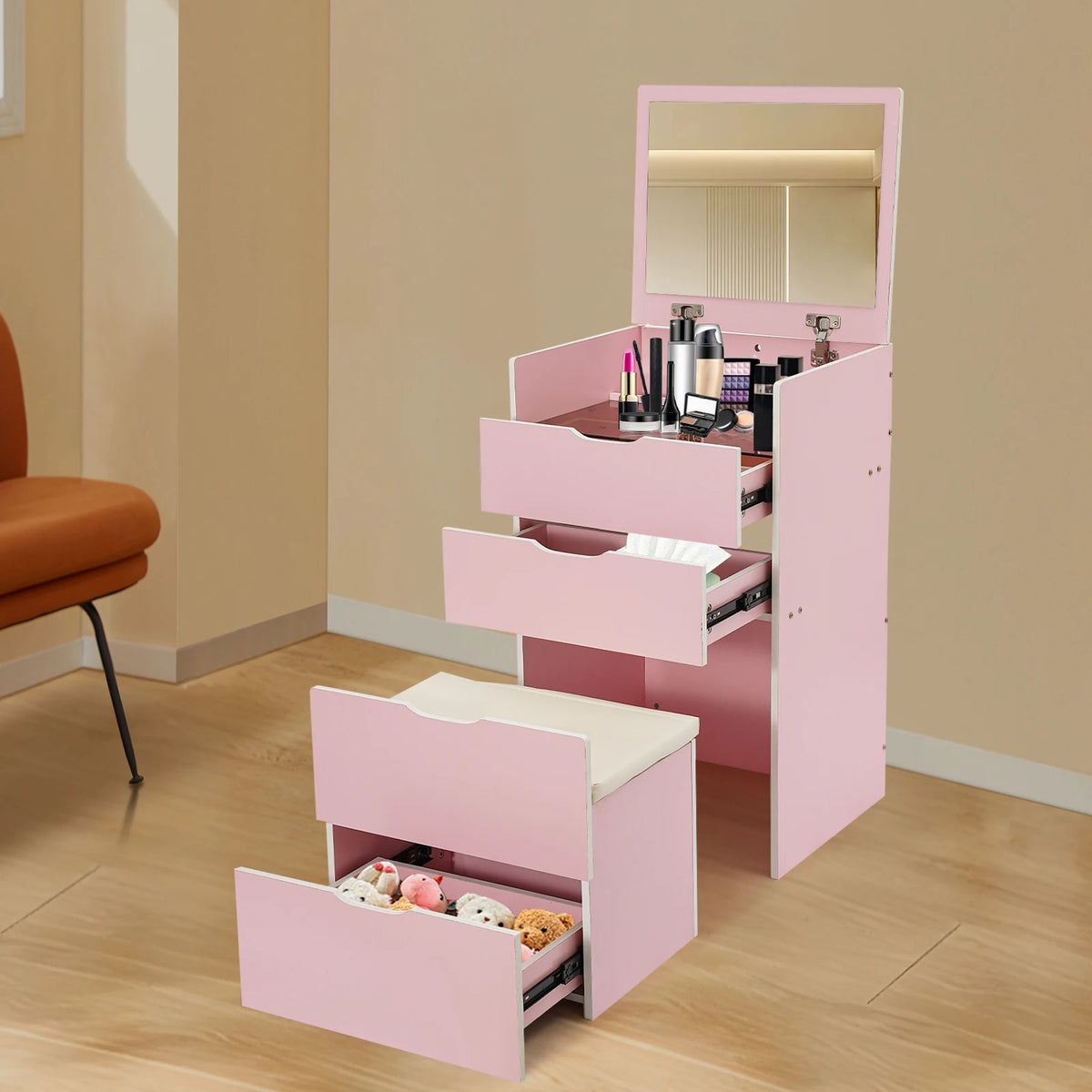 Makeup Vanity Table Drawers Dressing Table Foldable Mirror