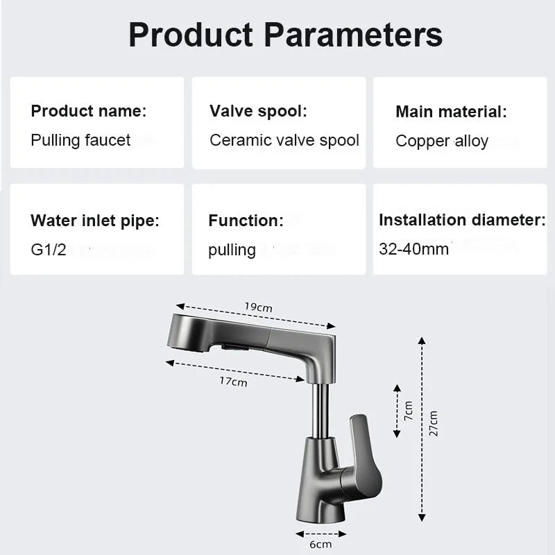 Dual-Function Pull-Down Bathroom Sink Faucet Adjustable Height