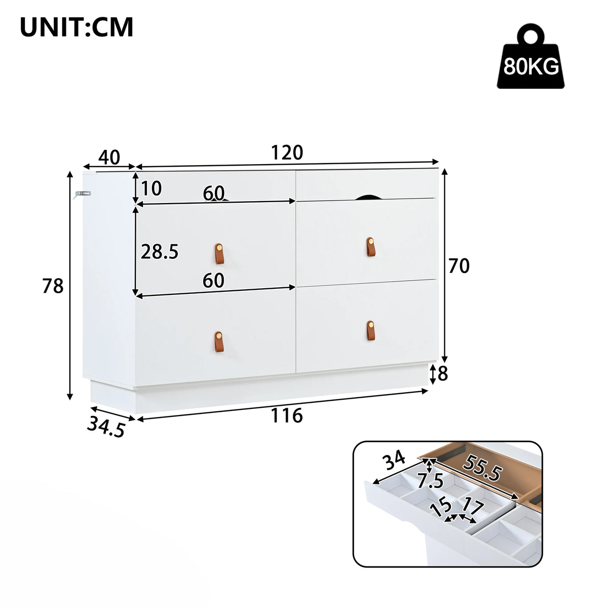 6-Drawer White Sliding Glass Sideboard Makeup Vanity Cabinet