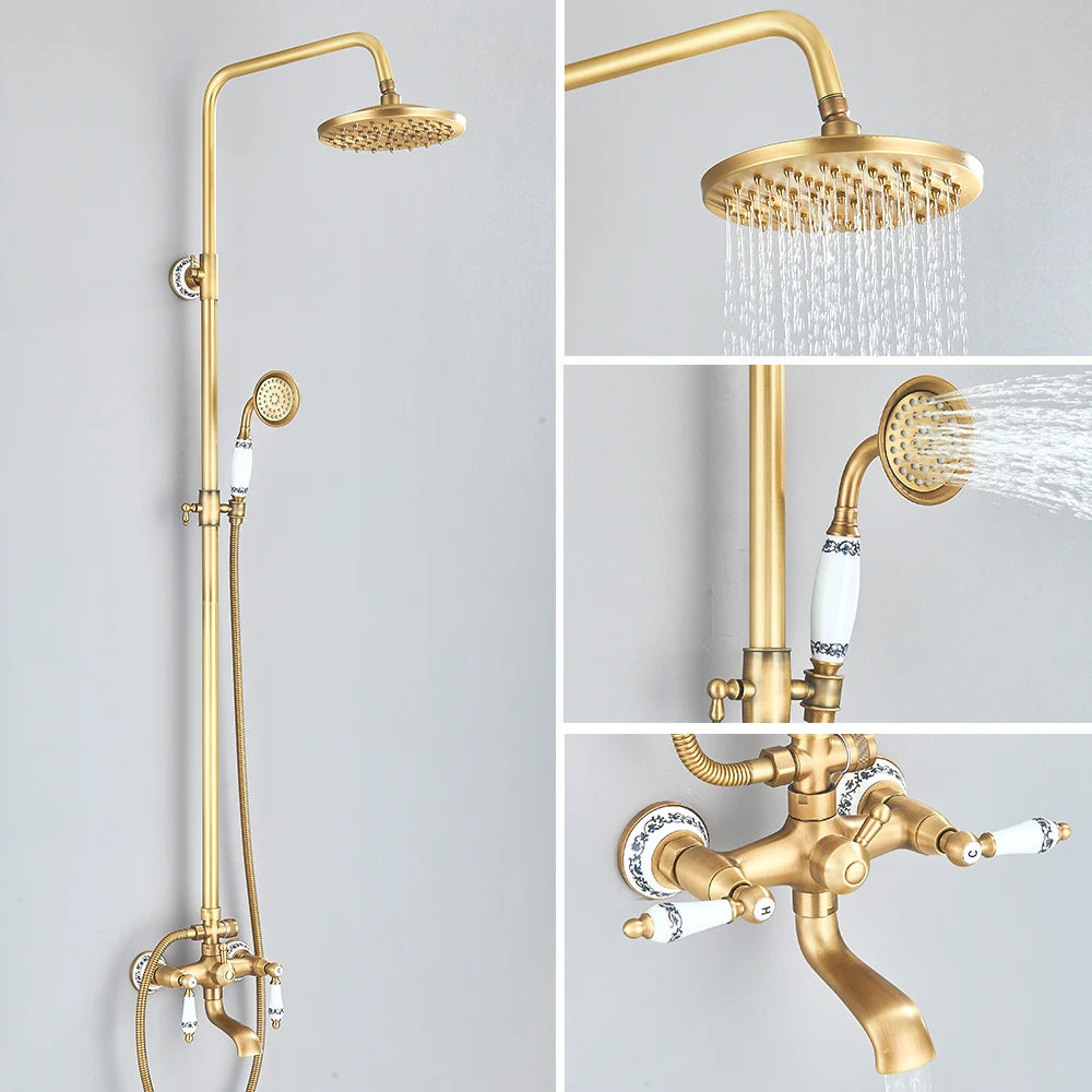 Retro Shower System Antique Brass Rainfall Shower Handheld
