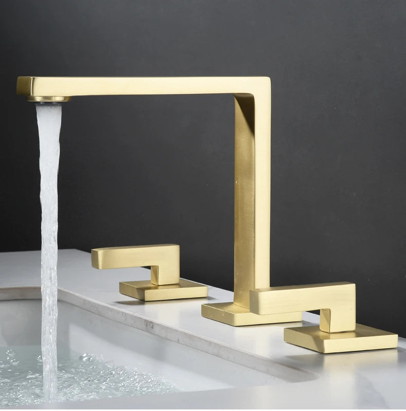 Brushed Gold Basin Faucet Solid Brass Three Hole