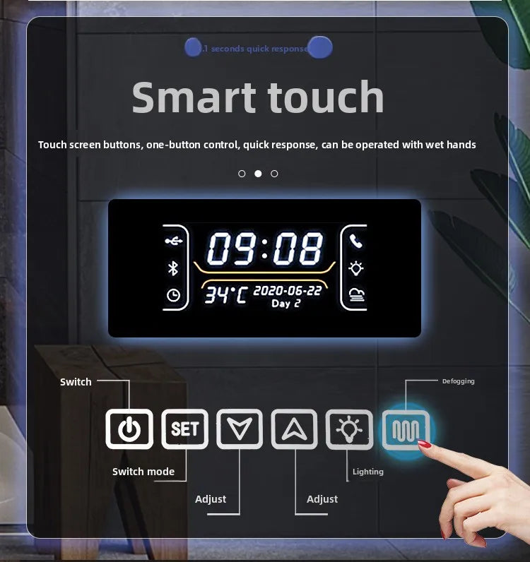 Round Smart Bathroom Mirror Wall-Mounted Led Light Touch