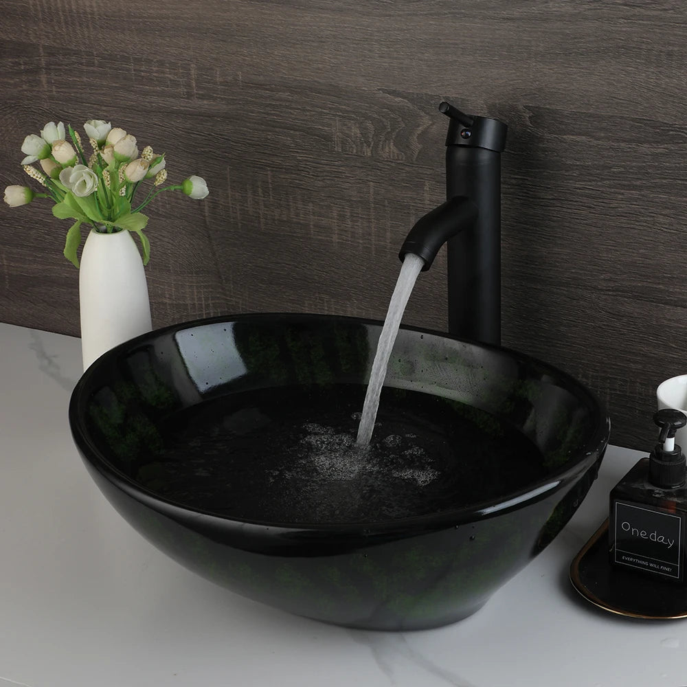 Kemaidi Oval Vessel Sink Faucet White Marbling Bathroom